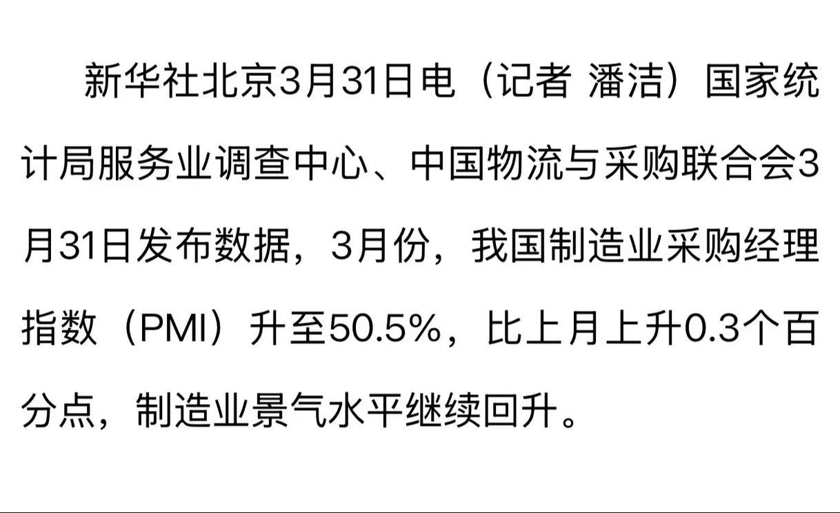 3月份制造业景气水平继续回升